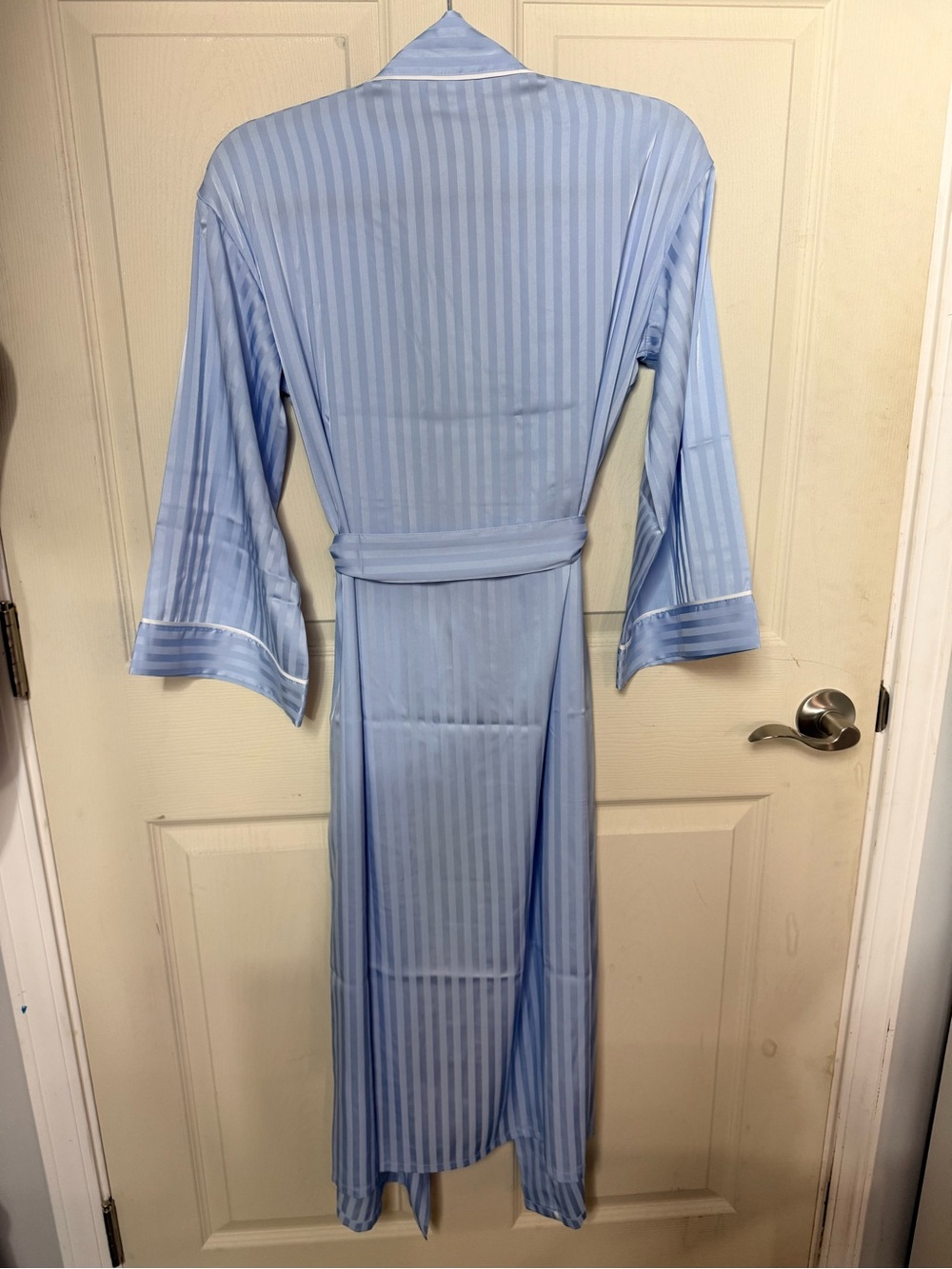 Auden - Light Blue Shadow Striped Satin Sleep Robe - Picture 4 of 6